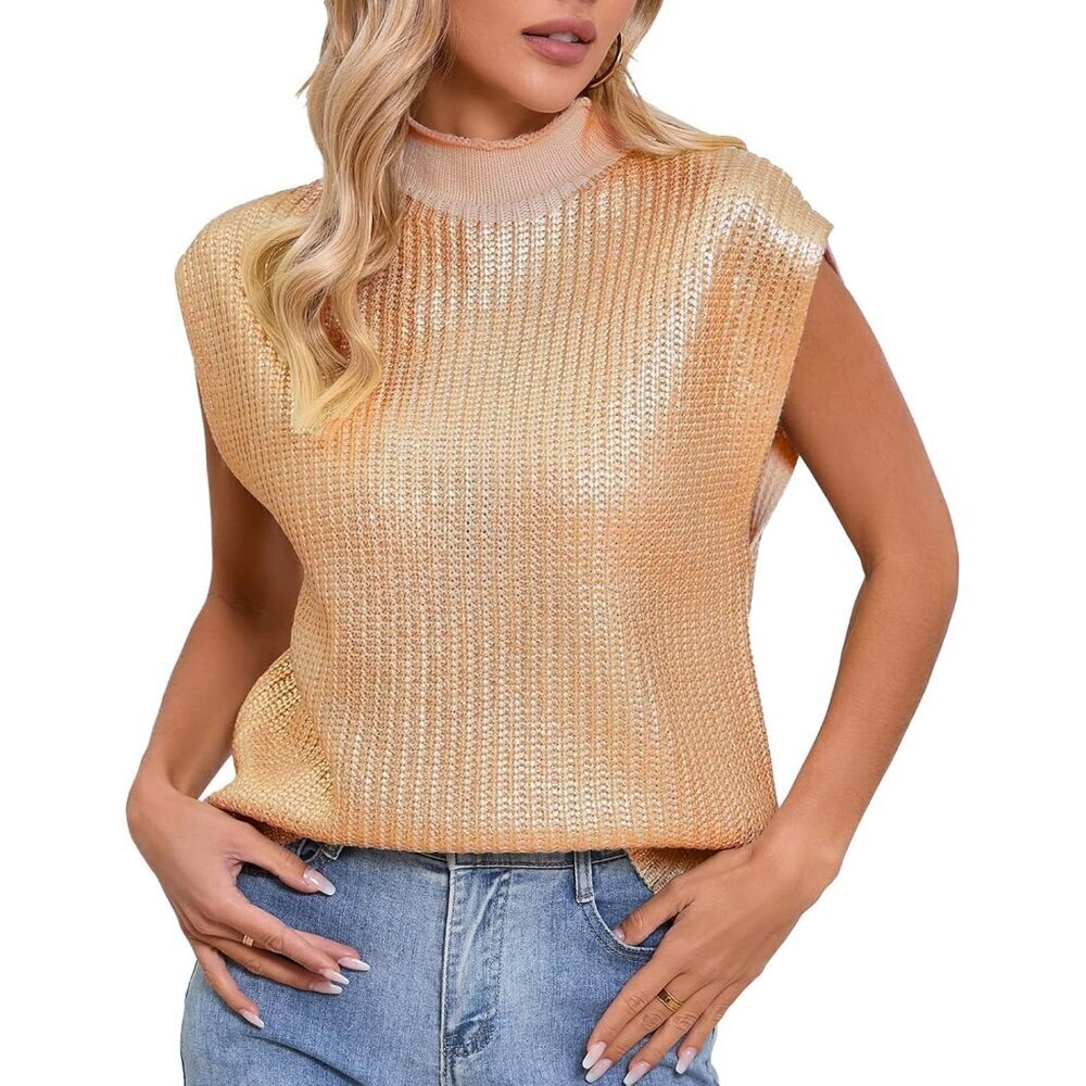 Women's Metallic Sweater Vest Sleeveless Turtleneck Cap Lightweigh
